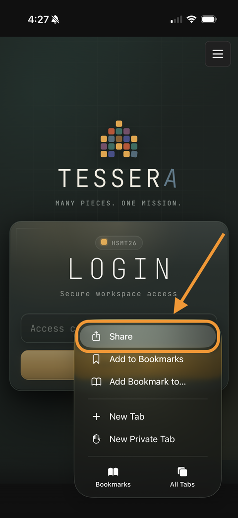 Safari menu with the Share option highlighted