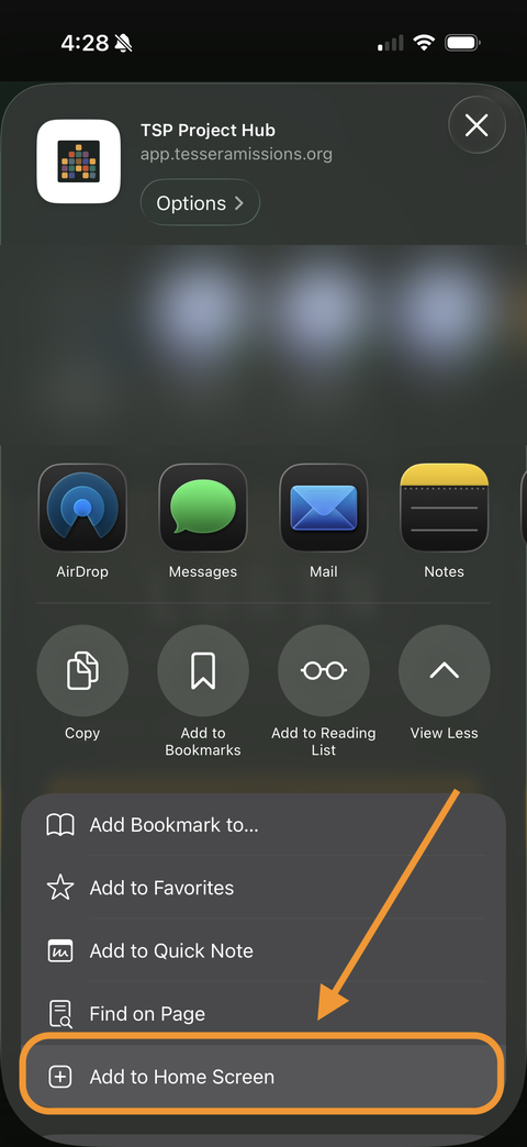 Share options list with Add to Home Screen highlighted