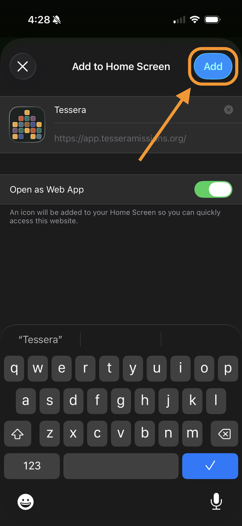 Add to Home Screen dialog with the Add button highlighted